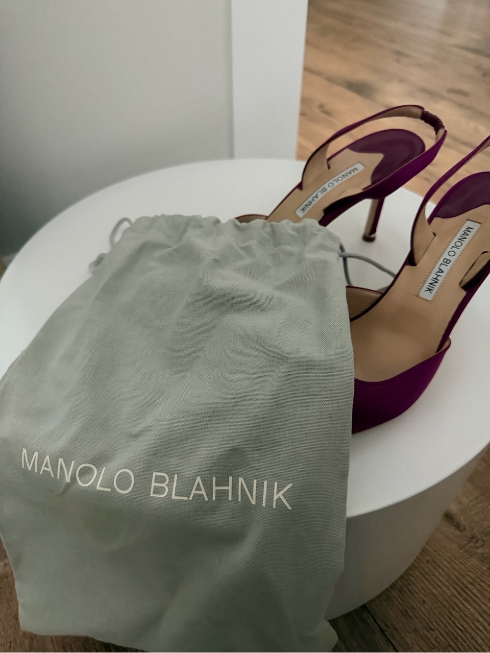 Manolo Blahnik Magenta Satin Pointed Slingback Pumps with Crystal Buckles - Picture 7 of 7